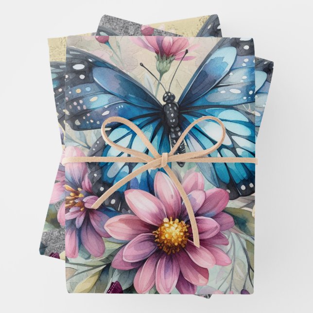 Elegant Shabby Chic Floral & Butterflies Wrapping Paper Sheet (In situ)