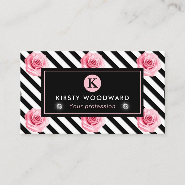 Elegant Shabby Chic Pink and Black Roses Pattern Business Card (Front)
