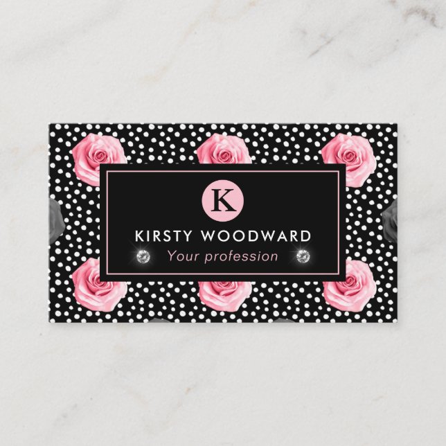 Elegant Shabby Chic Pink and Black Roses Pattern Business Card (Front)