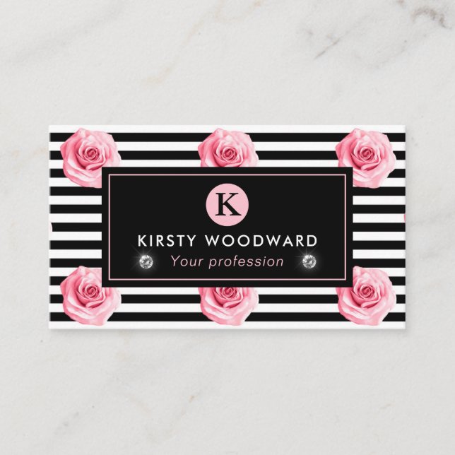 Elegant Shabby Chic Pink and Black Roses Pattern Business Card (Front)