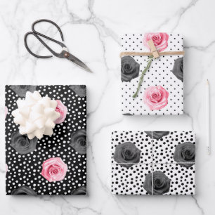 Elegant Shabby Chic Pink and Black Roses Stripes Wrapping Paper Sheet