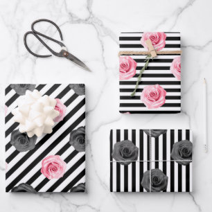Elegant Shabby Chic Pink and Black Roses Stripes Wrapping Paper Sheet