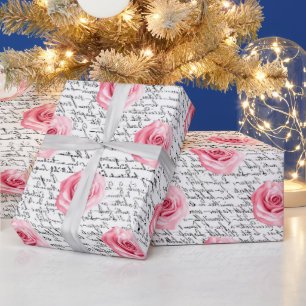 Elegant Shabby Chic Pink Roses and Handwriting Wrapping Paper