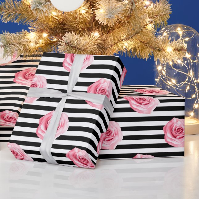 Elegant Shabby Chic Pink Roses and Stripes Wrapping Paper (Holidays)