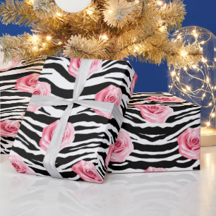 Elegant Shabby Chic Pink Roses and Zeba Stripes  Wrapping Paper