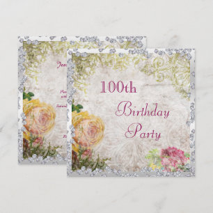 Elegant Shabby Chic Roses & Diamonds 100th Invitation