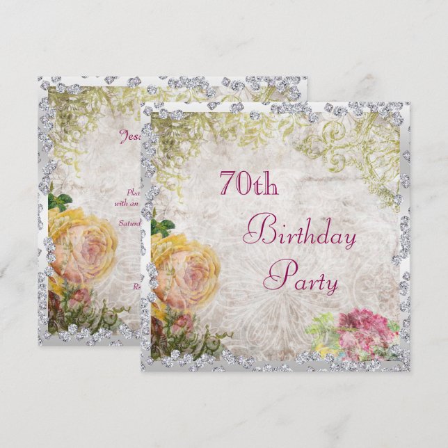 Elegant Shabby Chic Roses & Diamonds 70th Birthday Invitation (Front/Back)
