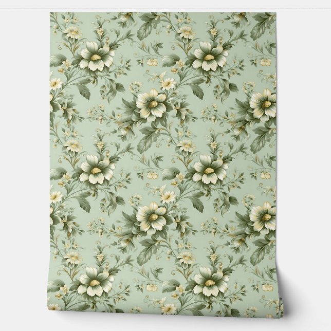 Elegant Shabby chic sage green white flowers Wallpaper (Unrolling)