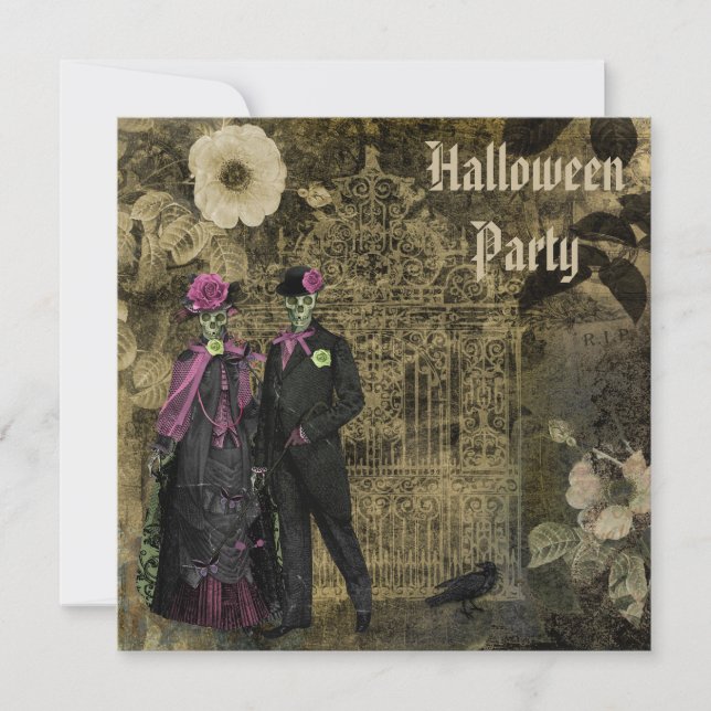 Elegant Shabby Chic Skeletons Halloween Party Invitation (Front)