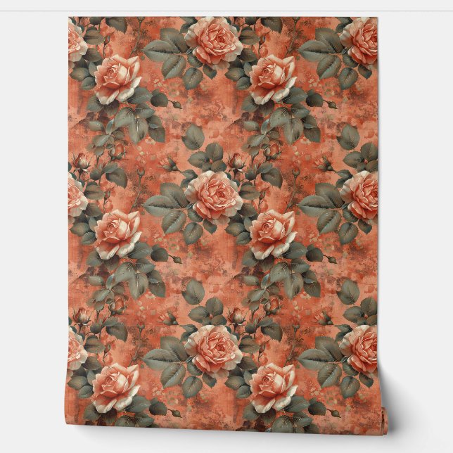 Elegant shabby chic terracotta rusty English roses Wallpaper (Unrolling)