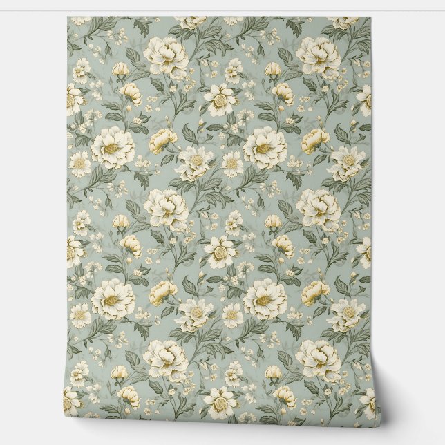 Elegant Shabby chic vintage white flowers sage Wallpaper (Unrolling)