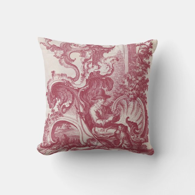 Elegant Shabby French Red Antique Engraving Toile Cushion (Front)