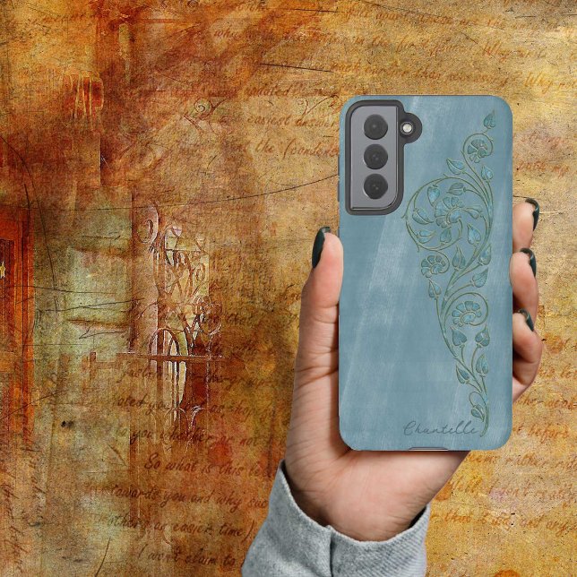 Elegant Shabby Girly Blue Floral Name Samsung Galaxy S21 Case (Creator Uploaded)