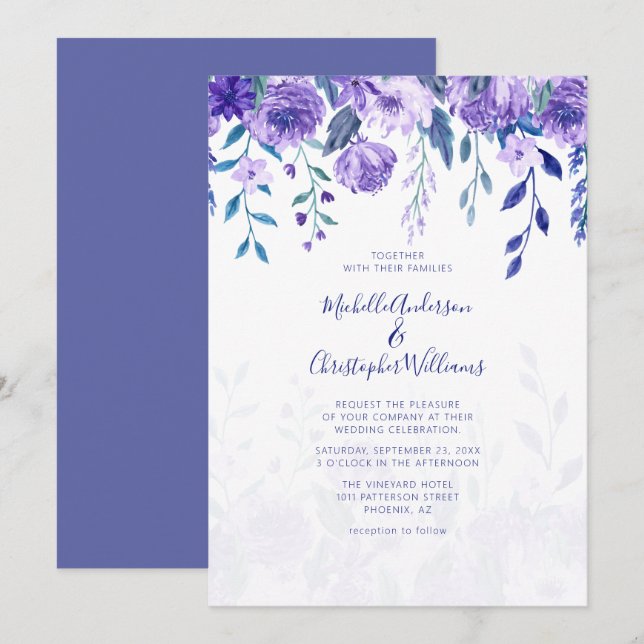 Elegant Shades Of Purple Floral Wedding Invitation (Front/Back)