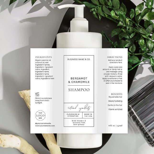Elegant Shampoo Label Modern Apothecary Design (Elegant apothecary style waterproof product labels for 8 OZ cosmo bottles *verify size)