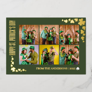 Elegant Shamrock St. Patrick's Day Family 6 photo Foil Holiday Card