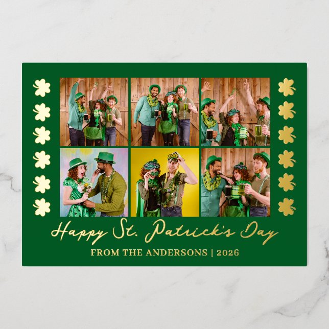 Elegant Shamrock St. Patrick's Day Family photo Foil Holiday Card (Front)