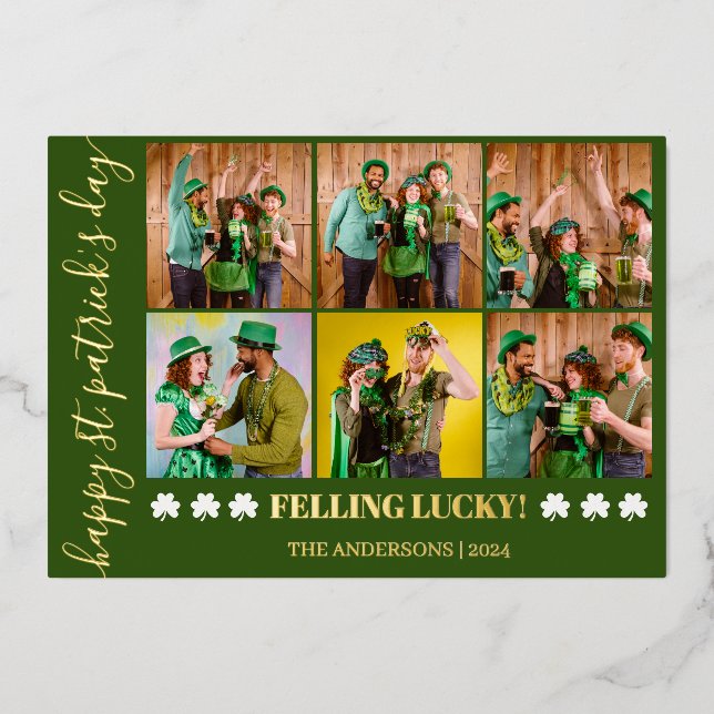 Elegant Shamrock St. Patrick's Day Family photo Foil Holiday Card (Front)