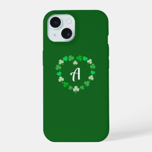Elegant Shamrocks and Hearts Wreath Green Initial iPhone 15 Case