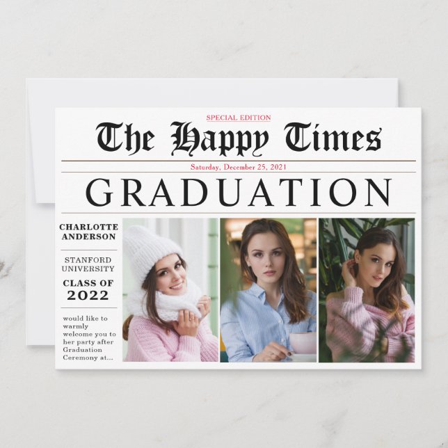 Elegant Share your News 3 Photo Graduation Party Invitation (Front)