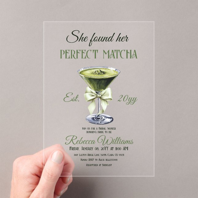 Elegant She Found Her Perfect Matcha Bridal Shower Acrylic Invitations (Insitu (Handheld))
