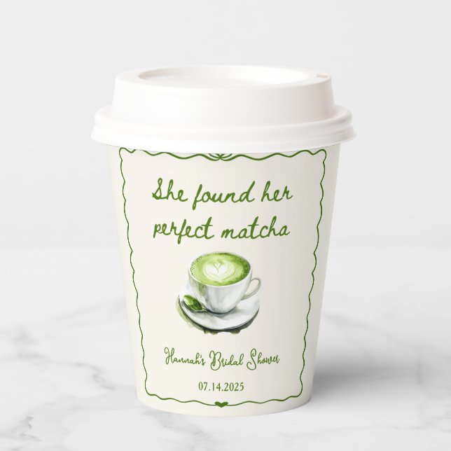 Elegant She Found Her Perfect Matcha Bridal Shower Paper Cups (Front)