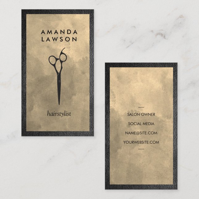 Elegant Shears Comb Grey | Leather Border Business Card (Front/Back)