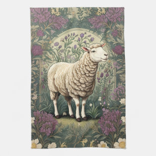 Elegant Sheep Lavender floral Background Tea Towel