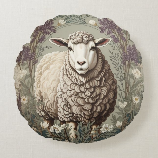 Elegant Sheep Lavender Flower Background Round Cushion (Front)
