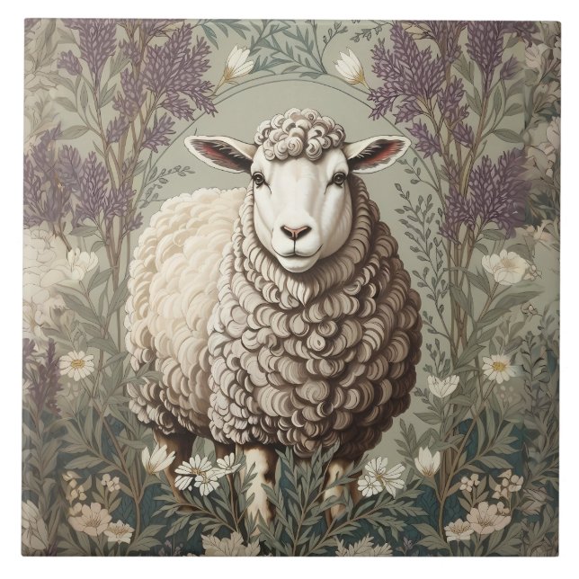 Elegant Sheep Lavender Flower Background Tile (Front)
