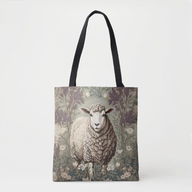 Elegant Sheep Lavender Flower Background Tote Bag (Front)