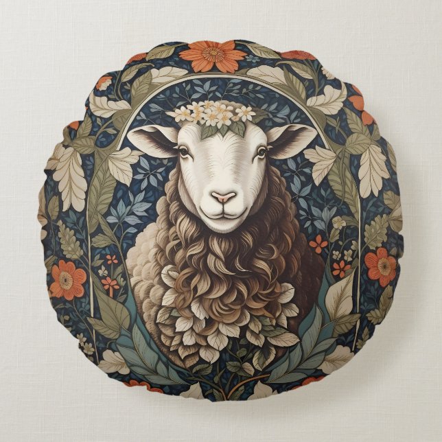Elegant Sheep William Morris Floral Round Cushion (Front)