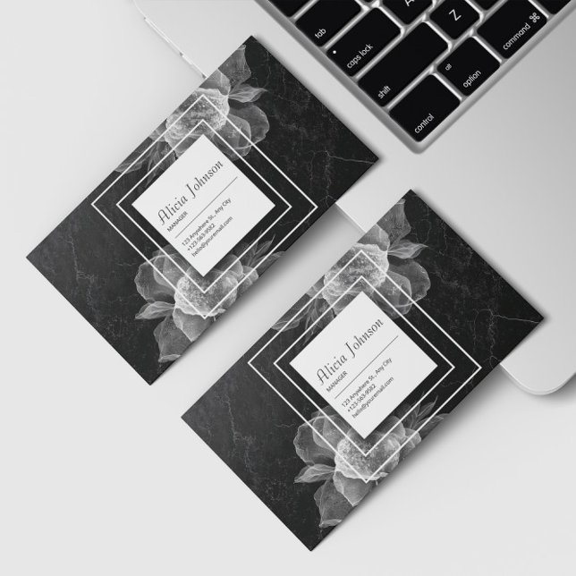 Elegant Sheer Floral & Black Marble Business Card (Creator Uploaded)