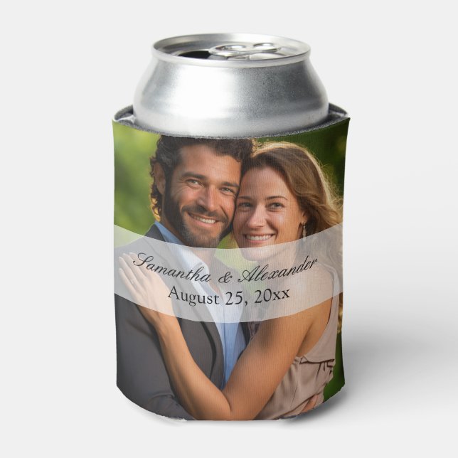 Elegant Sheer Overlay Photo Wedding Can Cooler (Can Front)