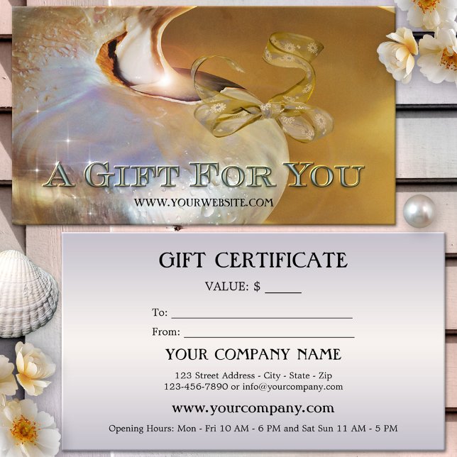 Elegant Shell Festive Gift Certificate (Gift card featuring a shining shell with festive bow and sparkling lights - nautical - coastal)