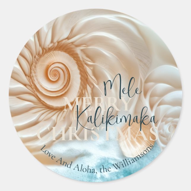 Elegant Shell Mele Kalikimaka | Greetings Classic Round Sticker (Front)