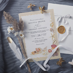 Elegant Shells Beach Sea Sand Modern Wedding Invitation