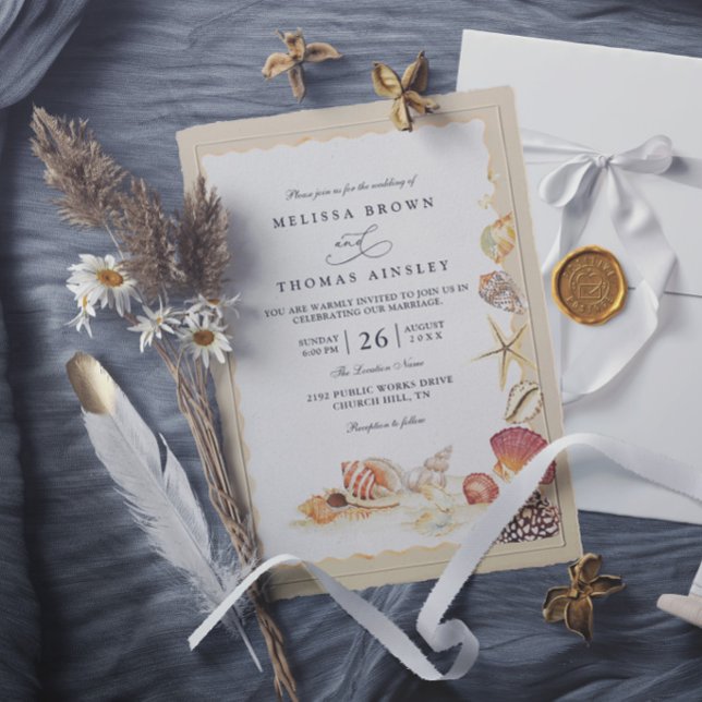 Elegant Shells Beach Sea Sand Modern Wedding Invitation (Creator Uploaded)
