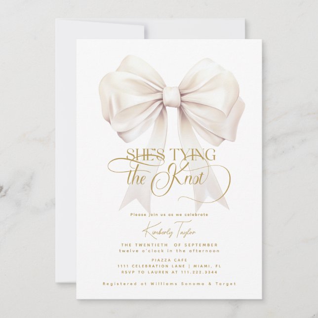 Elegant She's Tying the Knot Bow Bridal Shower Invitation (Front)
