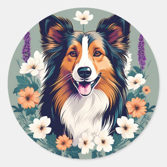 Elegant Shetland Sheepdog with Floral Classic Round Sticker (Front)