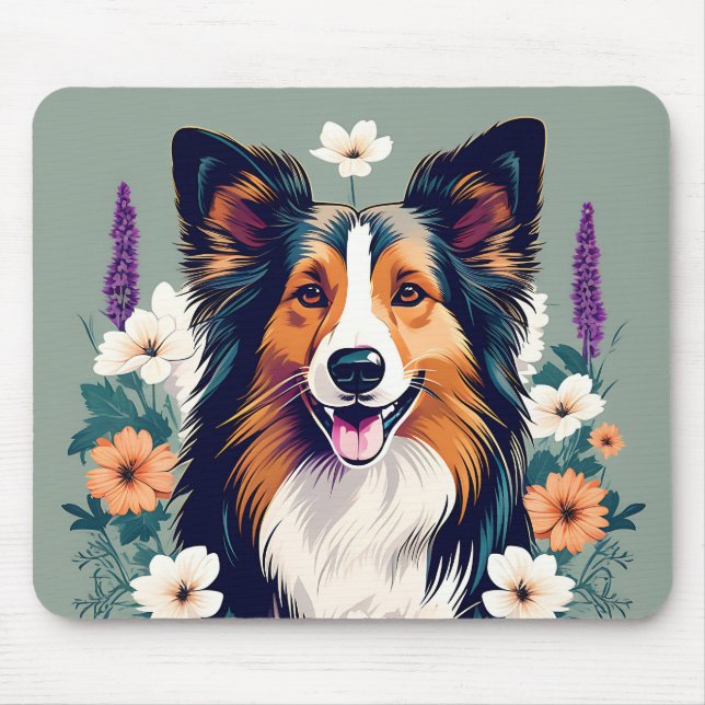 Elegant Shetland Sheepdog with Floral Mouse Mat (Front)