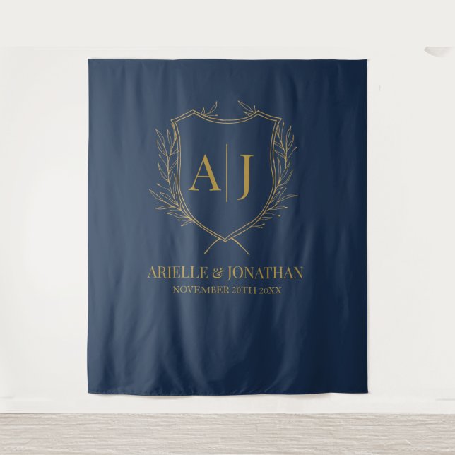 Elegant Shield monogram wedding blue gold backdrop Tapestry (Front)