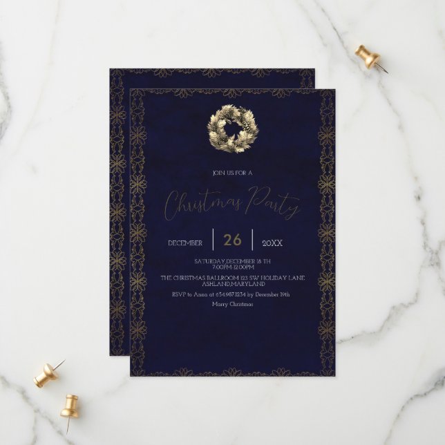 Elegant Shimmer Navy Blue, Ornaments, Snowflakes Save The Date (Front/Back In Situ)