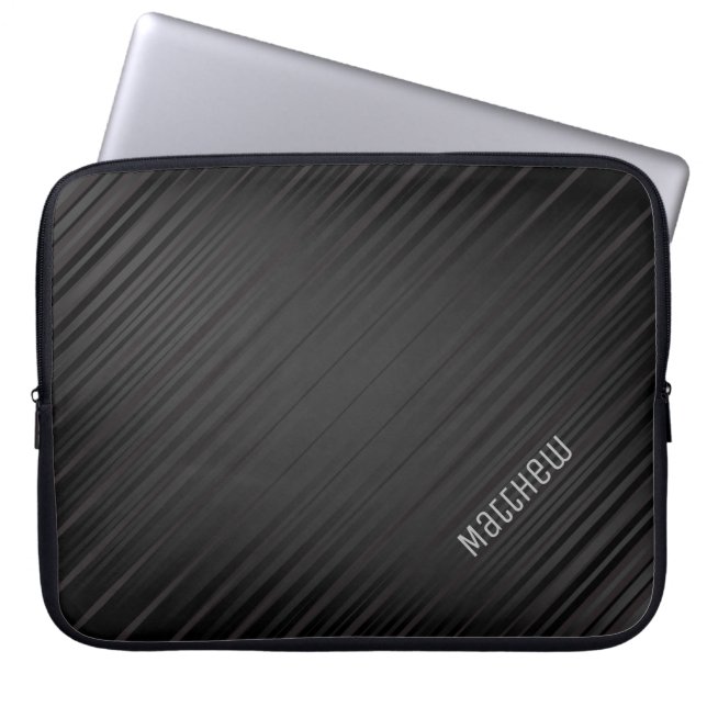 Elegant Shiny Black Lines with Custom Name Laptop Sleeve (Front)