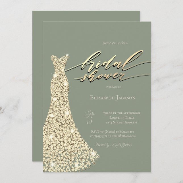 Elegant Shiny Dress Sage Green Bridal Shower  Invitation (Front/Back)