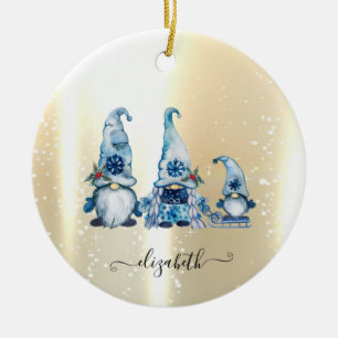 Elegant Shiny,Faux Gold,Blue Gnomes Ceramic Tree Decoration
