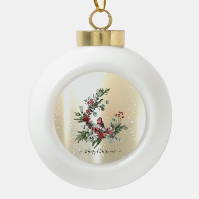 Elegant Shiny Faux Gold,Wreath Red Cardinal Ceramic Ball Christmas Ornament (Front)
