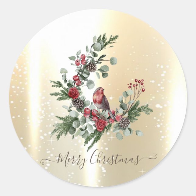 Elegant Shiny Faux Gold,Wreath Red Cardinal  Classic Round Sticker (Front)