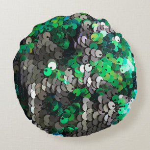 Elegant shiny glamour greens greys disc sequins round cushion