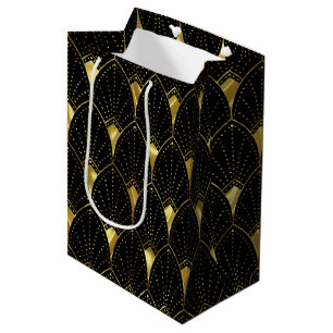 Elegant Shiny Gold Art Deco Pattern On Black Medium Gift Bag